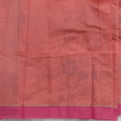 Light peachish pink with golden tint printed soft silk cotton saree (lightweight, thin, soft) double side borders with kantha stitch detailing, printed pallu with thread embroidery and simple tassels, plain running blouse with borders. NS50