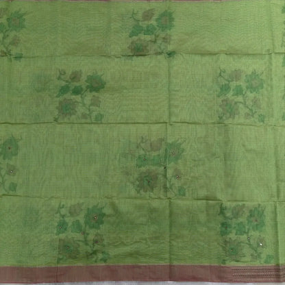 Pastel green with golden tint printed soft silk cotton saree (lightweight, thin, soft) double side borders with kantha stitch detailing, printed pallu with thread embroidery and simple tassels, plain running blouse with borders. NS51