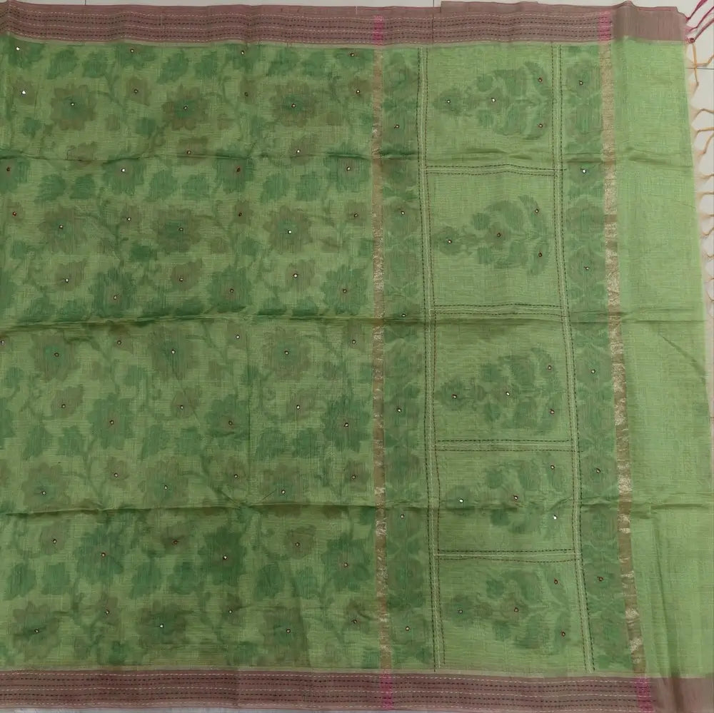 Pastel green with golden tint printed soft silk cotton saree (lightweight, thin, soft) double side borders with kantha stitch detailing, printed pallu with thread embroidery and simple tassels, plain running blouse with borders. NS51