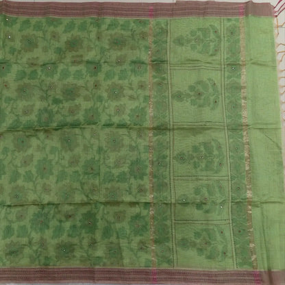 Pastel green with golden tint printed soft silk cotton saree (lightweight, thin, soft) double side borders with kantha stitch detailing, printed pallu with thread embroidery and simple tassels, plain running blouse with borders. NS51