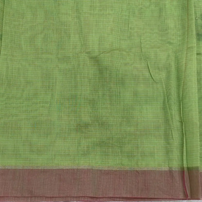 Pastel green with golden tint printed soft silk cotton saree (lightweight, thin, soft) double side borders with kantha stitch detailing, printed pallu with thread embroidery and simple tassels, plain running blouse with borders. NS51