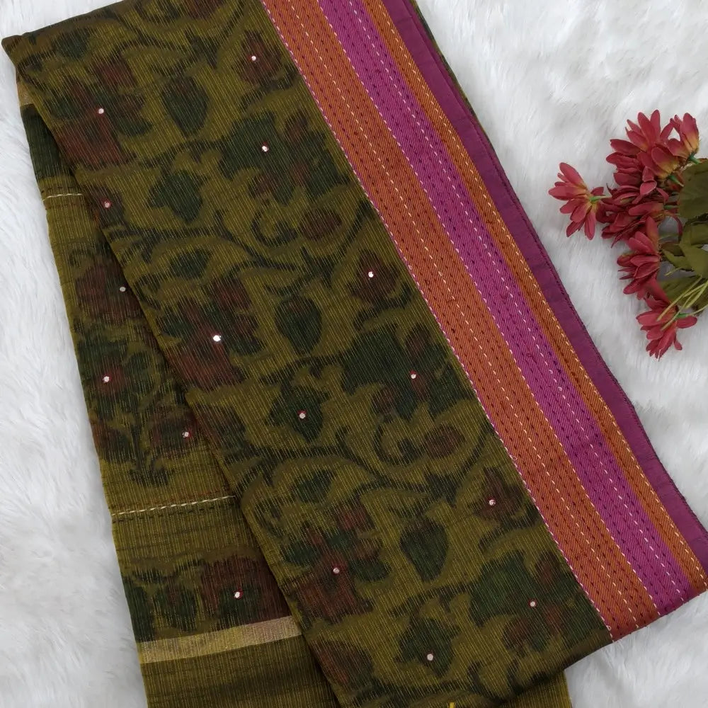 Olive green with golden tint printed soft silk cotton saree (lightweight, thin, soft) double side borders with kantha stitch detailing, printed pallu with thread embroidery and simple tassels, plain running blouse with borders. NS53