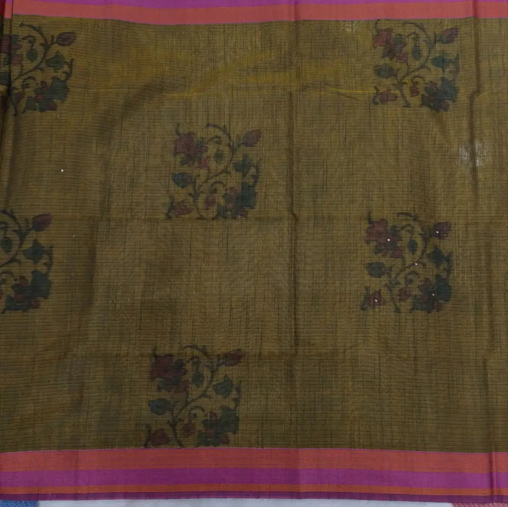 Olive green with golden tint printed soft silk cotton saree (lightweight, thin, soft) double side borders with kantha stitch detailing, printed pallu with thread embroidery and simple tassels, plain running blouse with borders. NS53