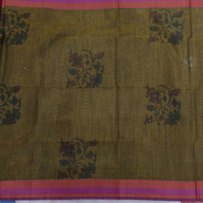 Olive green with golden tint printed soft silk cotton saree (lightweight, thin, soft) double side borders with kantha stitch detailing, printed pallu with thread embroidery and simple tassels, plain running blouse with borders. NS53