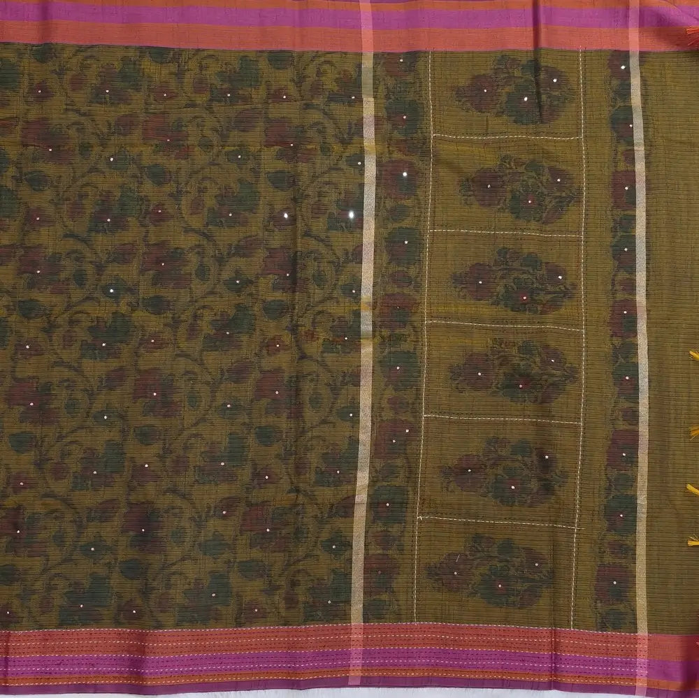 Olive green with golden tint printed soft silk cotton saree (lightweight, thin, soft) double side borders with kantha stitch detailing, printed pallu with thread embroidery and simple tassels, plain running blouse with borders. NS53