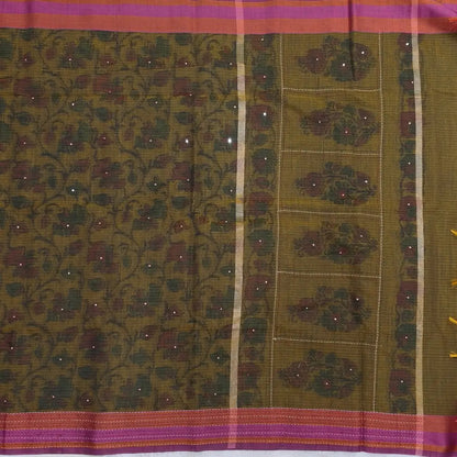 Olive green with golden tint printed soft silk cotton saree (lightweight, thin, soft) double side borders with kantha stitch detailing, printed pallu with thread embroidery and simple tassels, plain running blouse with borders. NS53