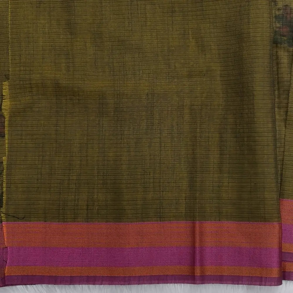 Olive green with golden tint printed soft silk cotton saree (lightweight, thin, soft) double side borders with kantha stitch detailing, printed pallu with thread embroidery and simple tassels, plain running blouse with borders. NS53