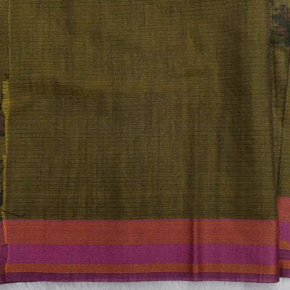 Olive green with golden tint printed soft silk cotton saree (lightweight, thin, soft) double side borders with kantha stitch detailing, printed pallu with thread embroidery and simple tassels, plain running blouse with borders. NS53