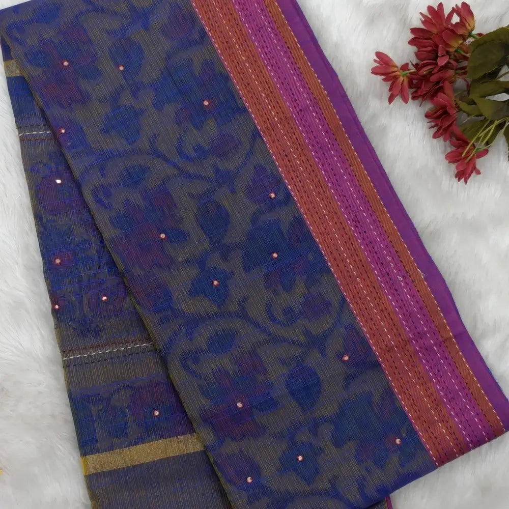 Dark blue with golden tint printed soft silk cotton saree (lightweight, thin, soft) double side borders with kantha stitch detailing, printed pallu with thread embroidery and simple tassels, plain running blouse with borders. NS54