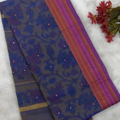 Dark blue with golden tint printed soft silk cotton saree (lightweight, thin, soft) double side borders with kantha stitch detailing, printed pallu with thread embroidery and simple tassels, plain running blouse with borders. NS54