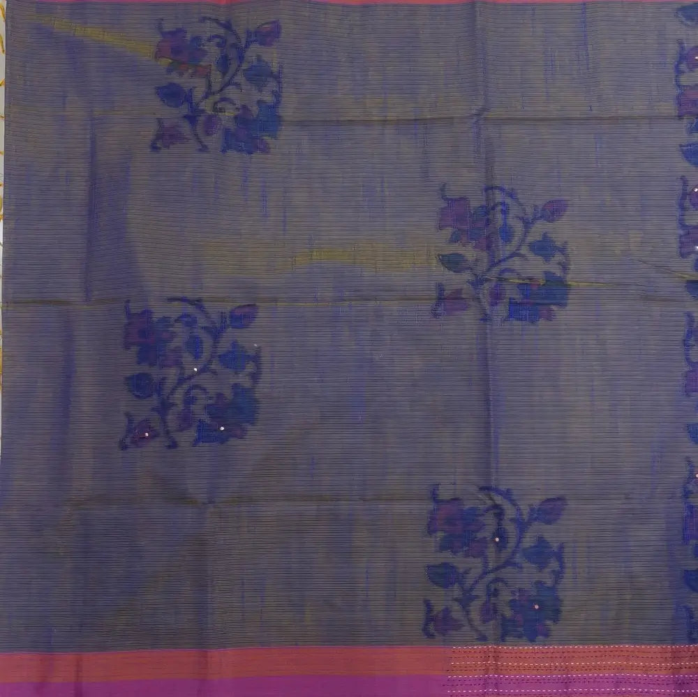 Dark blue with golden tint printed soft silk cotton saree (lightweight, thin, soft) double side borders with kantha stitch detailing, printed pallu with thread embroidery and simple tassels, plain running blouse with borders. NS54