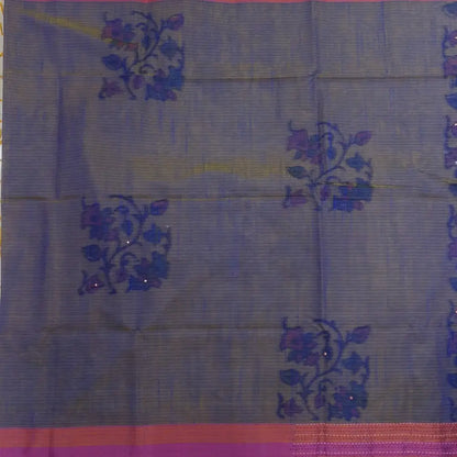 Dark blue with golden tint printed soft silk cotton saree (lightweight, thin, soft) double side borders with kantha stitch detailing, printed pallu with thread embroidery and simple tassels, plain running blouse with borders. NS54