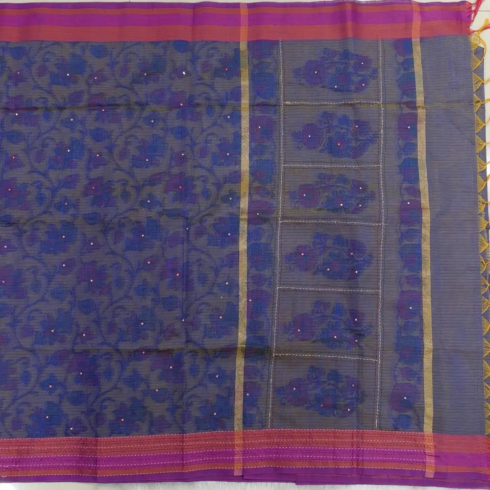Dark blue with golden tint printed soft silk cotton saree (lightweight, thin, soft) double side borders with kantha stitch detailing, printed pallu with thread embroidery and simple tassels, plain running blouse with borders. NS54