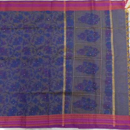 Dark blue with golden tint printed soft silk cotton saree (lightweight, thin, soft) double side borders with kantha stitch detailing, printed pallu with thread embroidery and simple tassels, plain running blouse with borders. NS54