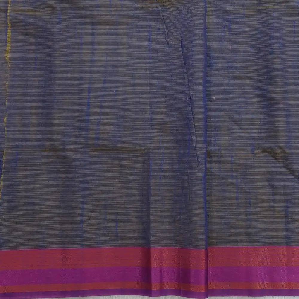 Dark blue with golden tint printed soft silk cotton saree (lightweight, thin, soft) double side borders with kantha stitch detailing, printed pallu with thread embroidery and simple tassels, plain running blouse with borders. NS54