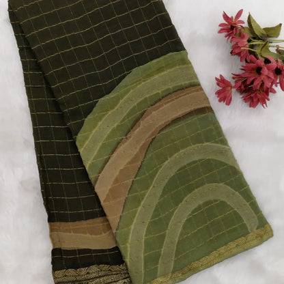 Dark Olive Green Viscous Chanderi silk saree with shibori prints all over and zari checks all over, thin zari woven borders and running viscous chanderi zari woven blouse. NS57