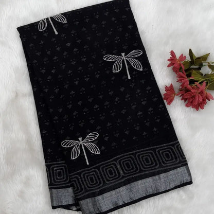Black block printed linen cotton saree with double side silver zari borders (lightweight,soft) printed pallu with silver zari stripes, plain running blouse with borders. NS60