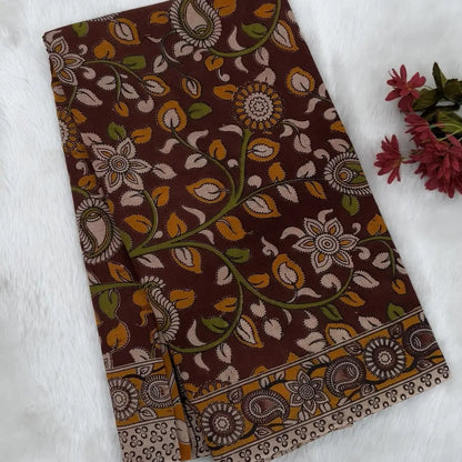 Dark maroon kalamkari hand block printed cotton saree, printed pallu and kalamkari printed blouse with borders. INCONSISTENT PRINTS AND DYES ARE NOT DEFECTS.NS64