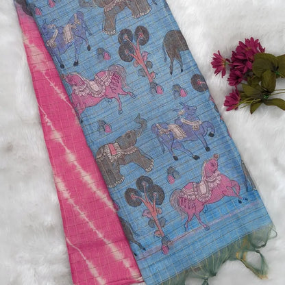Bright pink with sky blue shibori printed soft silk cotton saree with zari checks all over, contrast animal prints on pallu, contrast running blouse with zari chceks and borders.NS72