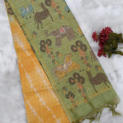 Yellow with pastel green shibori printed soft silk cotton saree with zari checks all over, contrast animal prints on pallu, contrast running blouse with zari chceks and borders.NS68