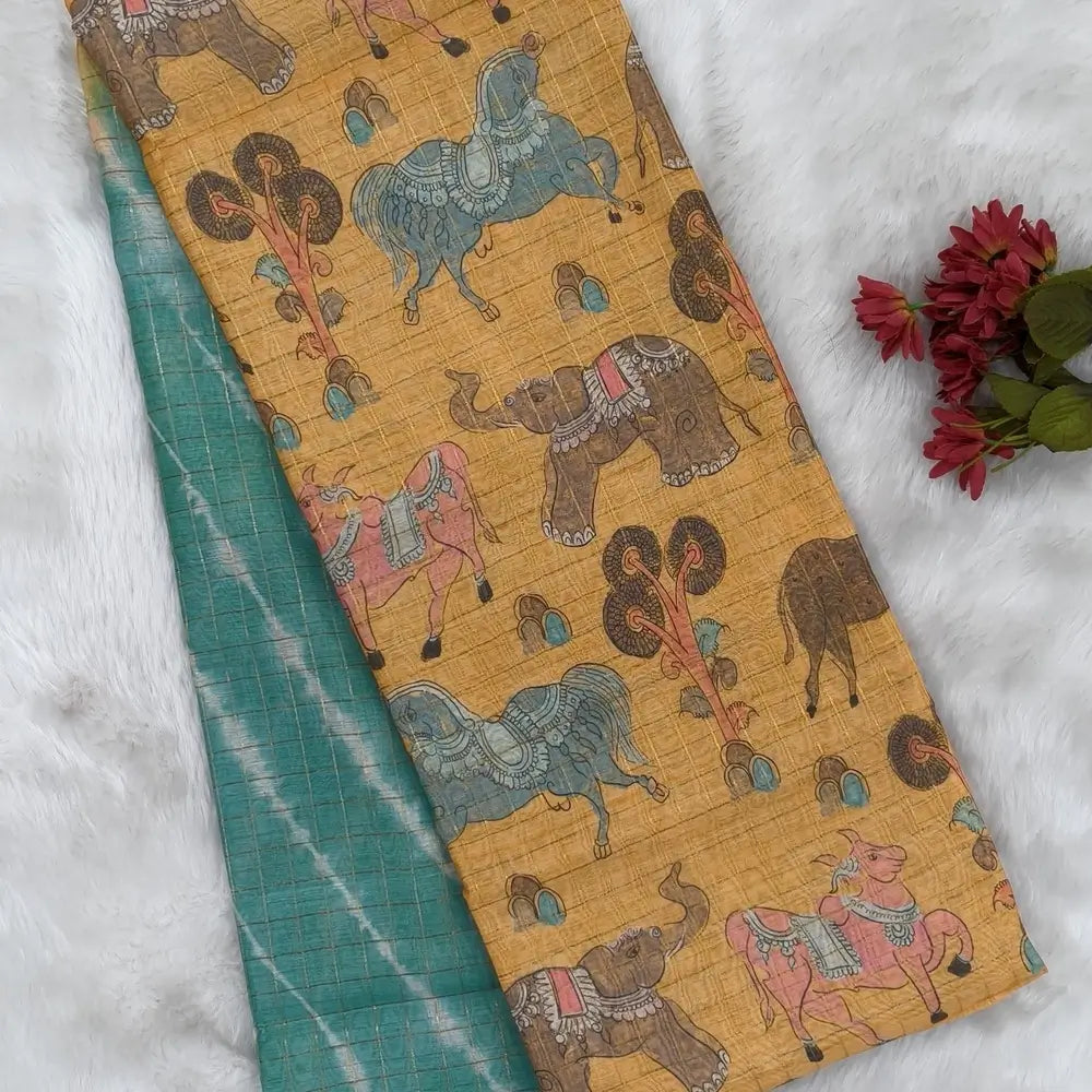 Sea green with pastel yellow shibori printed soft silk cotton saree with zari checks all over, contrast animal prints on pallu, contrast running blouse with zari chceks and borders.NS70