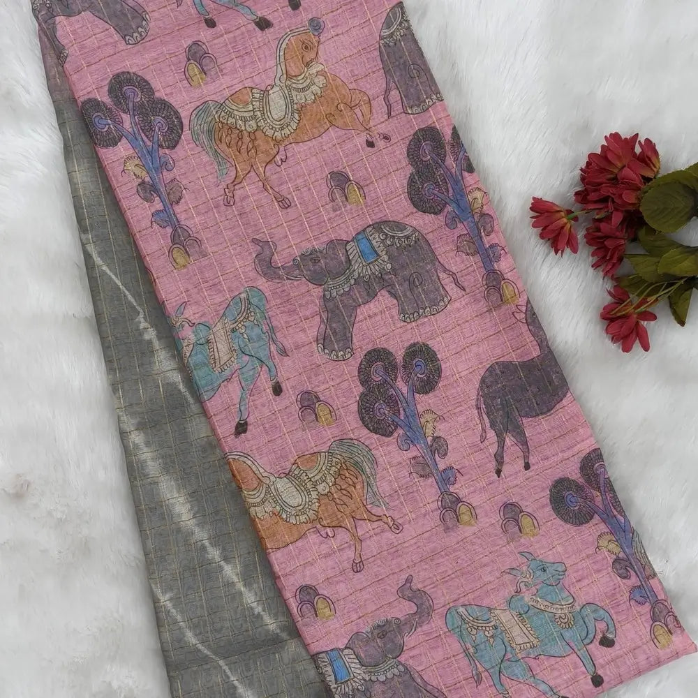 Light grey with pastel pink shibori printed soft silk cotton saree with zari checks all over, contrast animal prints on pallu, contrast running blouse with zari chceks and borders.NS67