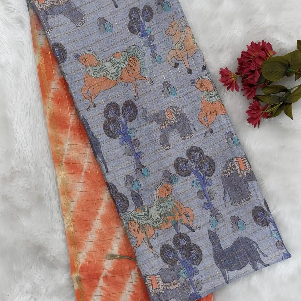 Orange with powder blue shibori printed soft silk cotton saree with zari checks all over, contrast animal prints on pallu, contrast running blouse with zari chceks and borders.NS69
