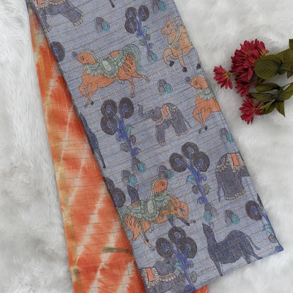 Orange with powder blue shibori printed soft silk cotton saree with zari checks all over, contrast animal prints on pallu, contrast running blouse with zari chceks and borders.NS69
