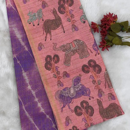 Purple with pink shibori printed soft silk cotton saree with zari checks all over, contrast animal prints on pallu, contrast running blouse with zari chceks and borders.NS71