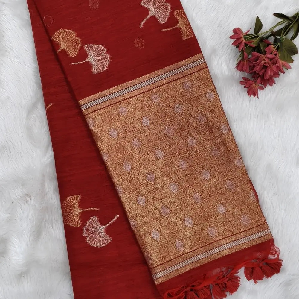 Bright red premium tussar jamdani saree with gold and silver zari weaving all over, rich weaving on pallu, running blouse with zari woven buttas and borders. NS77