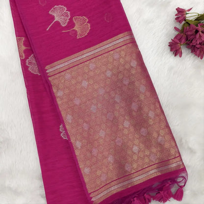 Bright pink premium tussar jamdani saree with gold and silver zari weaving all over, rich weaving on pallu, running blouse with zari woven buttas and borders. NS74
