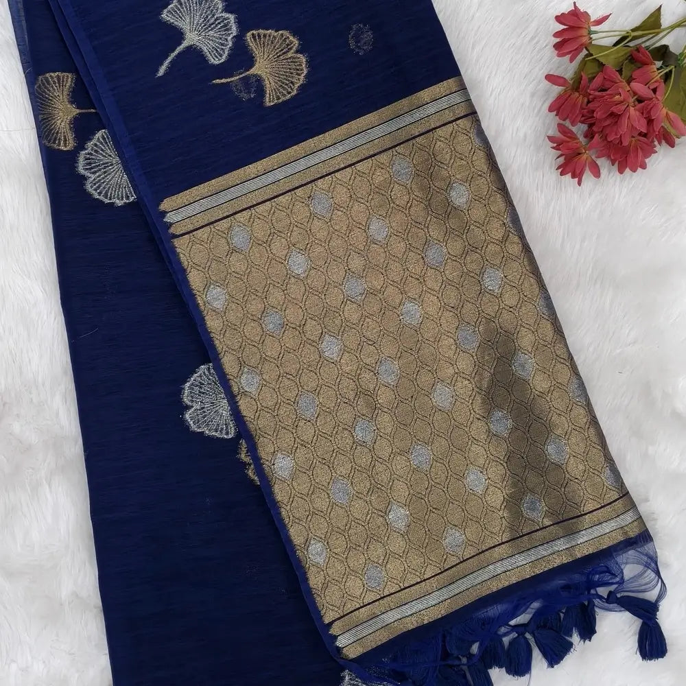 Dark blue premium tussar jamdani saree with gold and silver zari weaving all over, rich weaving on pallu, running blouse with zari woven buttas and borders. NS78