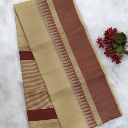 Beige with dark maroon silk cotton saree with thread woven double side borders, zari striped short pallu and contrast blouse with borders. NS80