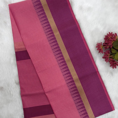 Pink with beetroot purple silk cotton saree with thread woven double side borders, zari striped short pallu and contrast blouse with borders. NS79