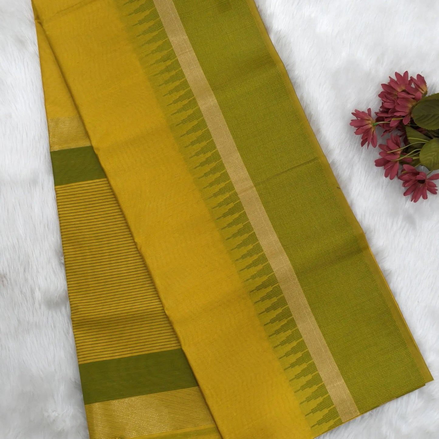 Mehandhi yellow with mossy green silk cotton saree with thread woven double side borders, zari striped short pallu and contrast blouse with borders. NS85