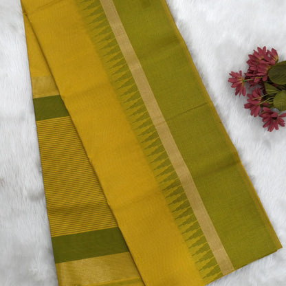 Mehandhi yellow with mossy green silk cotton saree with thread woven double side borders, zari striped short pallu and contrast blouse with borders. NS85