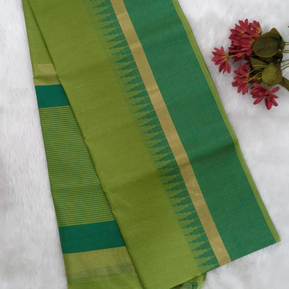 Light green with turquoise green silk cotton saree with thread woven double side borders, zari striped short pallu and contrast blouse with borders. NS81