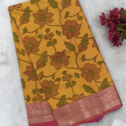 Mango Yellow dual shaded ikat printed soft silk saree with silver zari woven double side borders, contrast printed pallu, contrast running blouse with zari woven borders. NS96