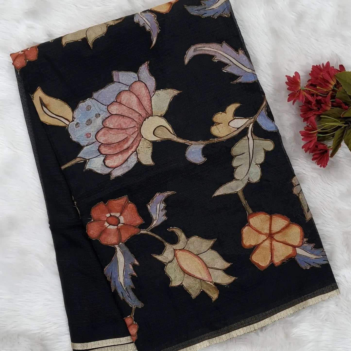 Black Premium kota silk saree (lightweight, thin, soft) kalamkari art silk applique work,rich pallu. Digital printed art silk blouse. NS92