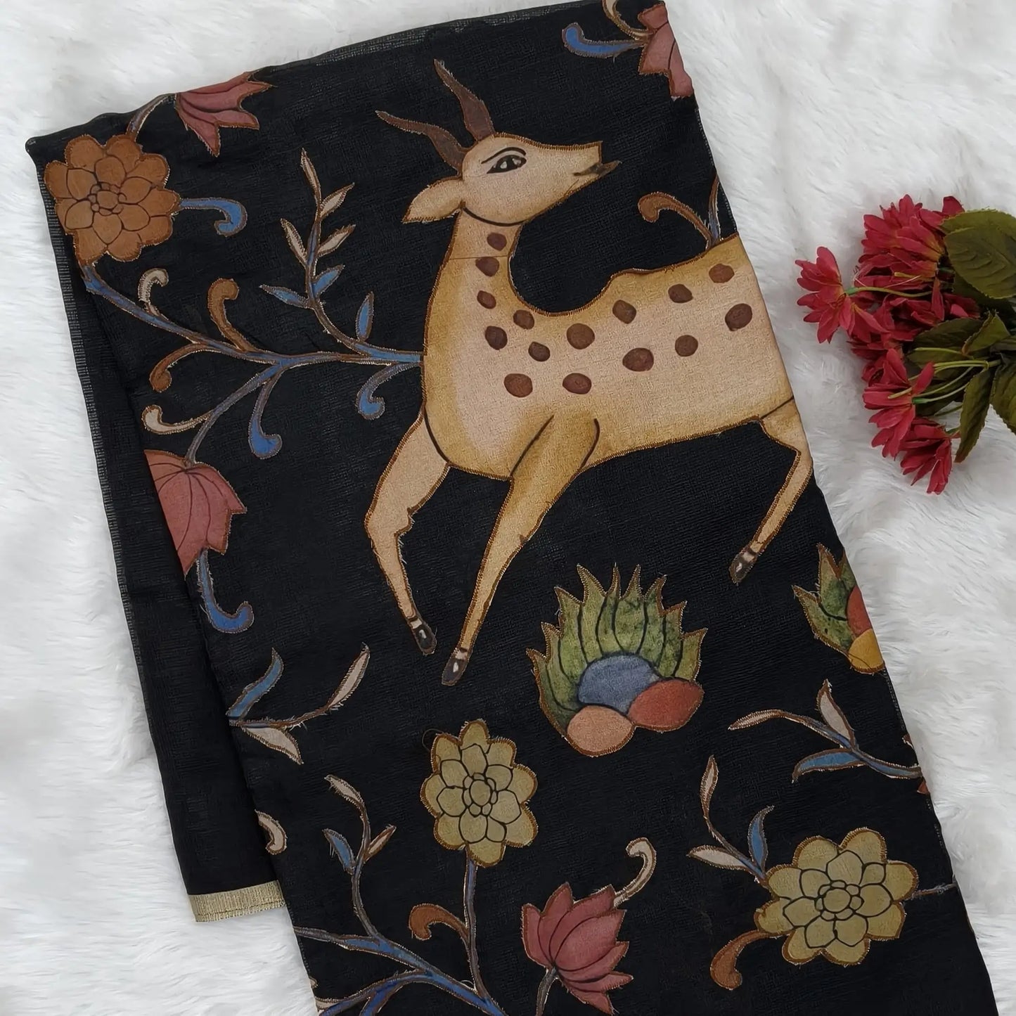 Black Premium kota silk saree (lightweight, thin, soft) kalamkari art silk applique work,rich pallu. Digital printed art silk blouse. NS93