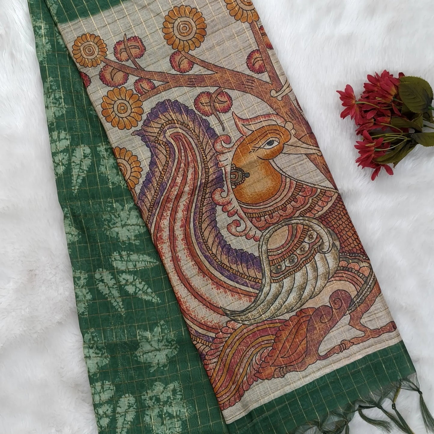 Orange, purple and green shibori printed soft silk cotton saree with zari checks all over, contrast kalamkari print on pallu, contrast running blouse with zari checks. NS86