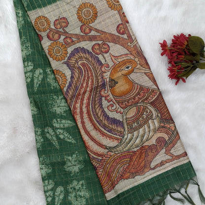 Orange, purple and green shibori printed soft silk cotton saree with zari checks all over, contrast kalamkari print on pallu, contrast running blouse with zari checks. NS86