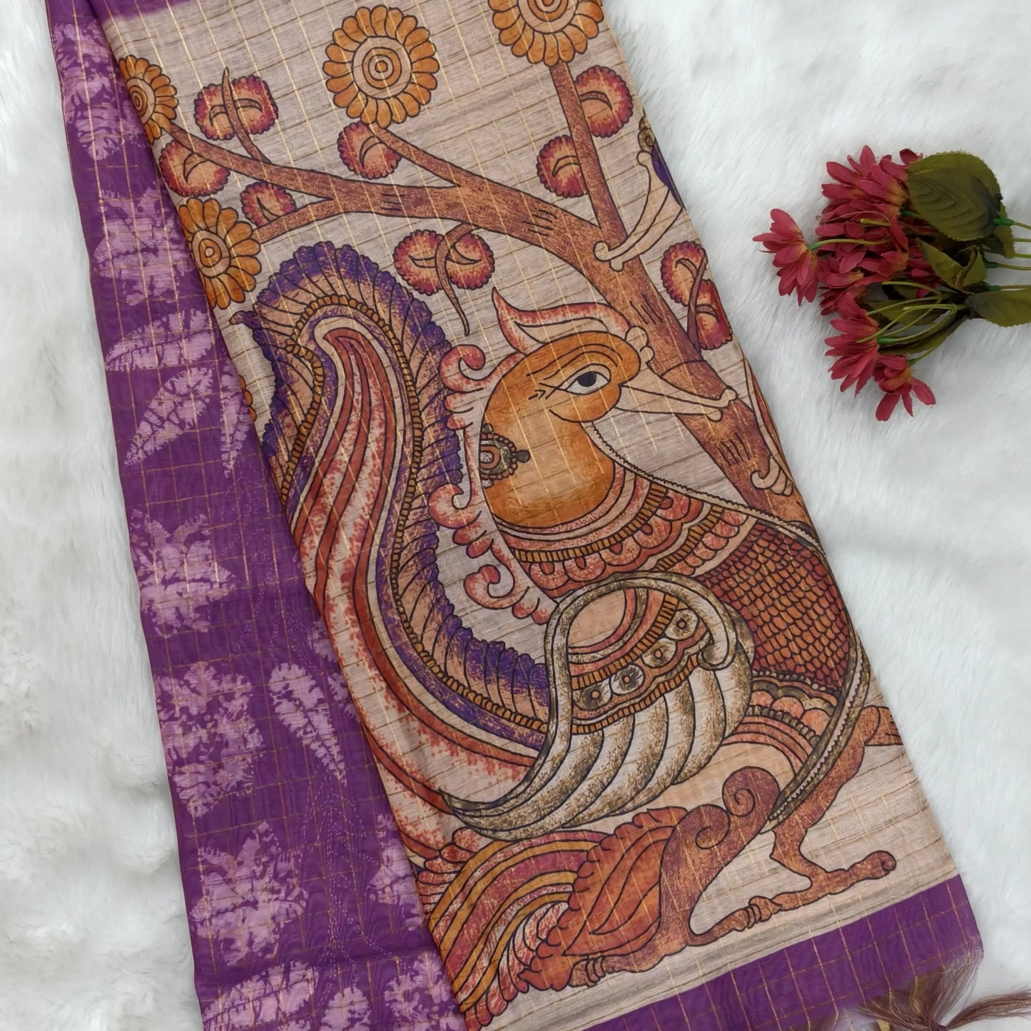 Light green, orange and purple shibori printed soft silk cotton saree with zari checks all over, contrast kalamkari print on pallu, contrast running blouse with zari checks. NS91