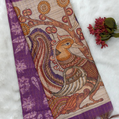 Light green, orange and purple shibori printed soft silk cotton saree with zari checks all over, contrast kalamkari print on pallu, contrast running blouse with zari checks. NS91