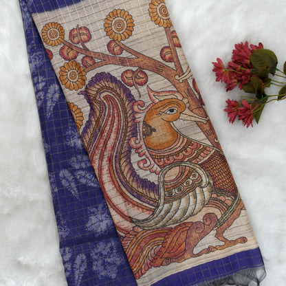 Orange, pink and purple shibori printed soft silk cotton saree with zari checks all over, contrast kalamkari print on pallu, contrast running blouse with zari checks. NS87
