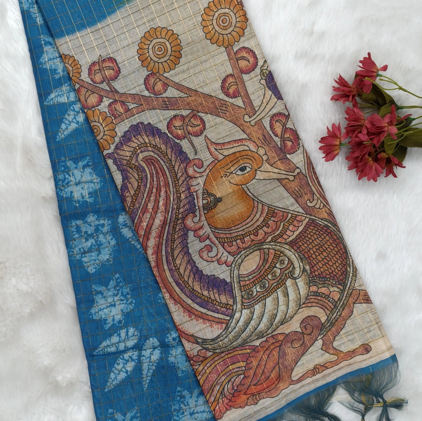 Pink, light green and teal blue shibori printed soft silk cotton saree with zari checks all over, contrast kalamkari print on pallu, contrast running blouse with zari checks. NS89