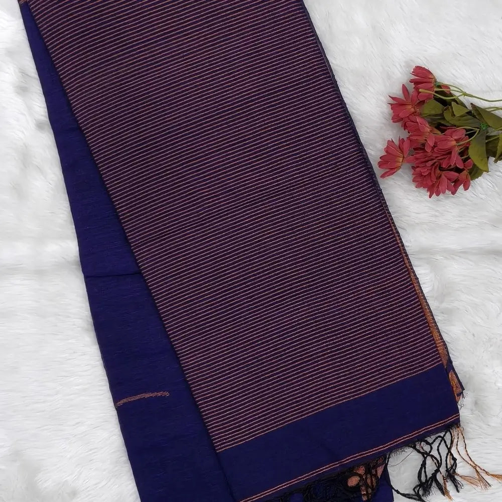 Violet pure linen jamdani woven saree, with copper tissue double side borders,striped tissue pallu with tassles, plain running blouse with borders.(DRY CLEAN RECOMMENDED ). NS112