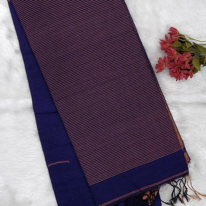 Violet pure linen jamdani woven saree, with copper tissue double side borders,striped tissue pallu with tassles, plain running blouse with borders.(DRY CLEAN RECOMMENDED ). NS112