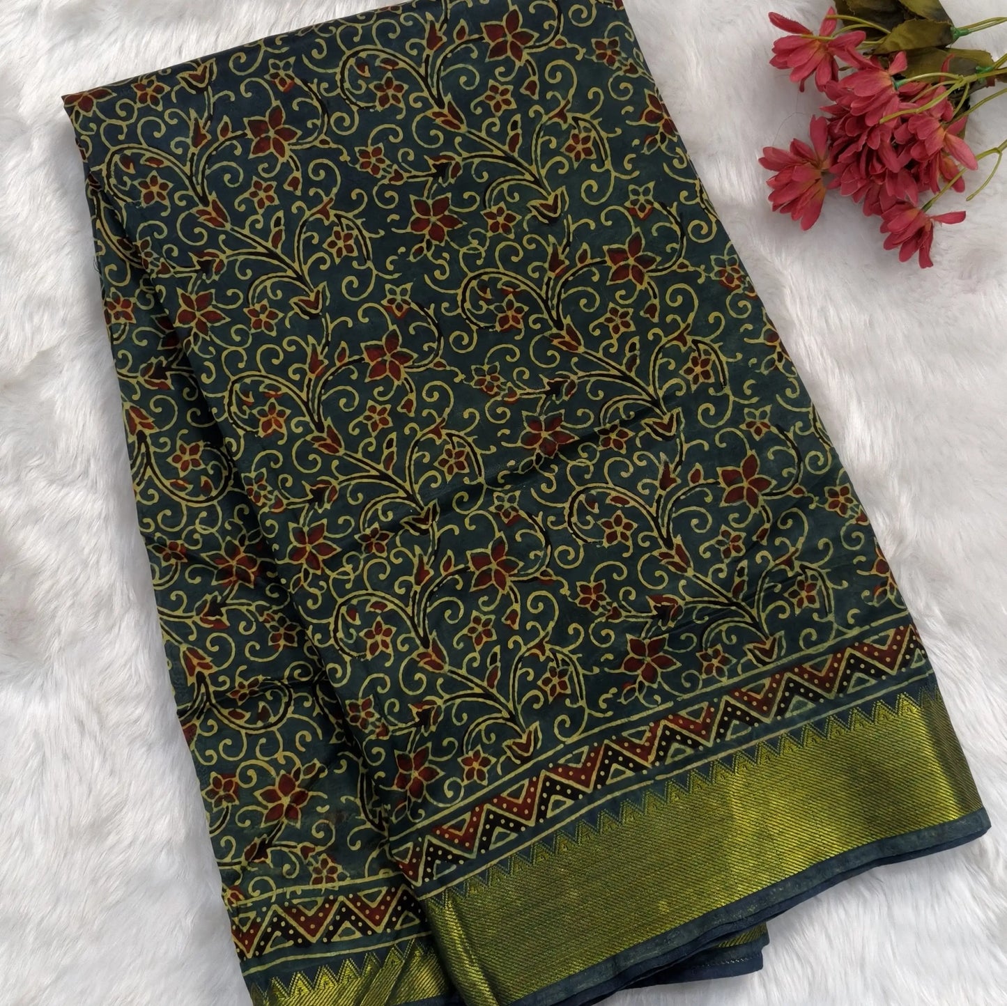 Dark green ajrak hand block printed pure dola silk saree, benarasi zari woven double side borders, hand block printed pallu, running blouse with borders.(DRY CLEAN RECOMMENDED , MILD STAINS AND DYES ARE NOT DEFECTS). NS103
