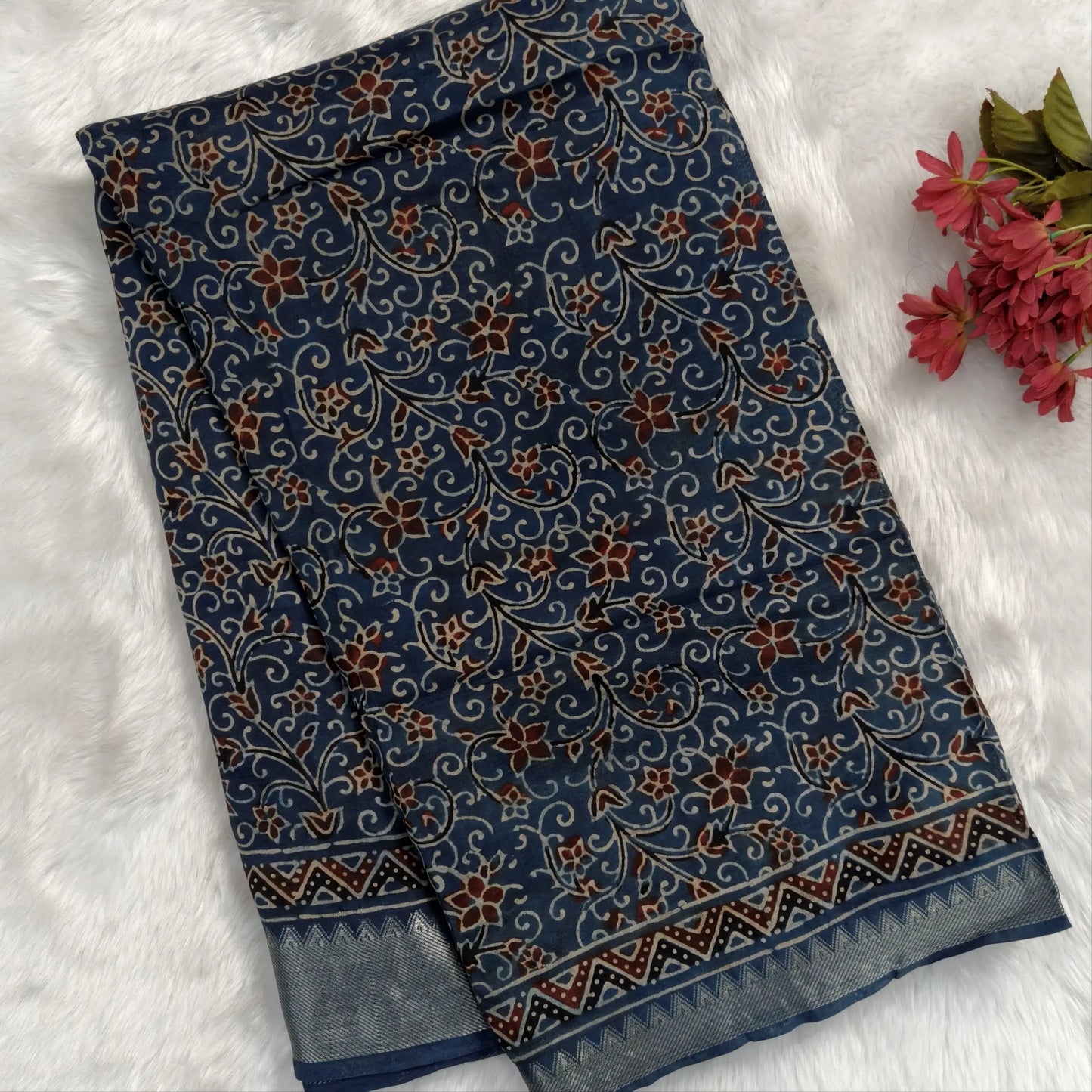 Indigo blue ajrak hand block printed pure dola silk saree, benarasi zari woven double side borders, hand block printed pallu, running blouse with borders.(DRY CLEAN RECOMMENDED  , MILD STAINS AND DYES ARE NOT DEFECTS). NS101